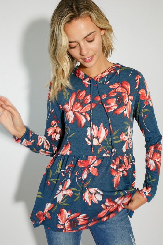 FLORAL JERSEY BABYDOLL WITH HOODIE CASUAL TOP