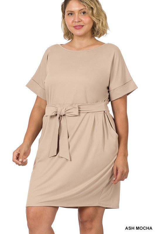 Curvy Brushed Tie Belt Dress