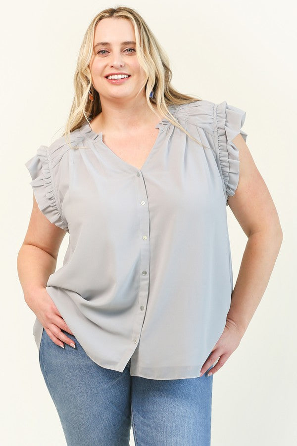 Curvy: Chiffon Shirring Detail and Button Down Top