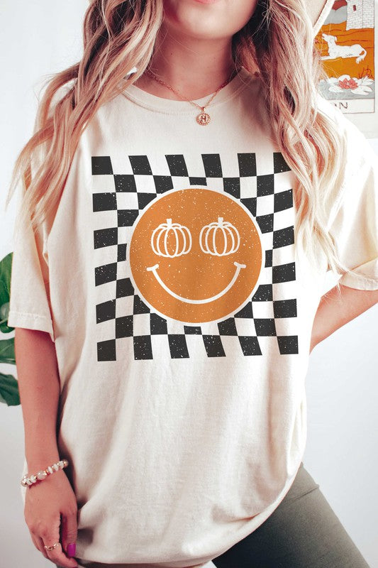 CHECKERED PUMPKIN EYES HAPPY FACE GRAPHIC TEE