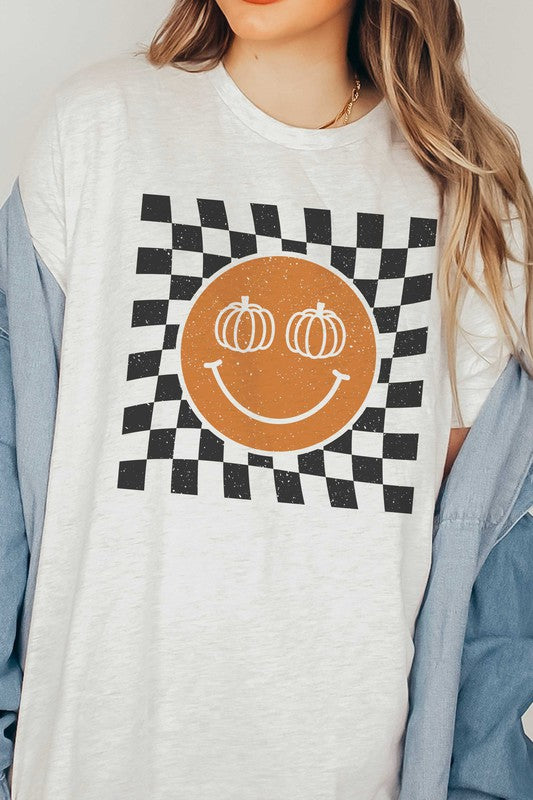 CHECKERED PUMPKIN EYES HAPPY FACE GRAPHIC TEE