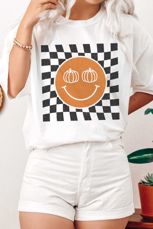 CHECKERED PUMPKIN EYES HAPPY FACE GRAPHIC TEE