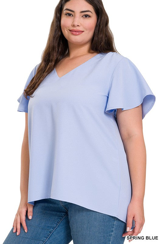 Curvy Woven Flutter Sleeve V-Neck Top