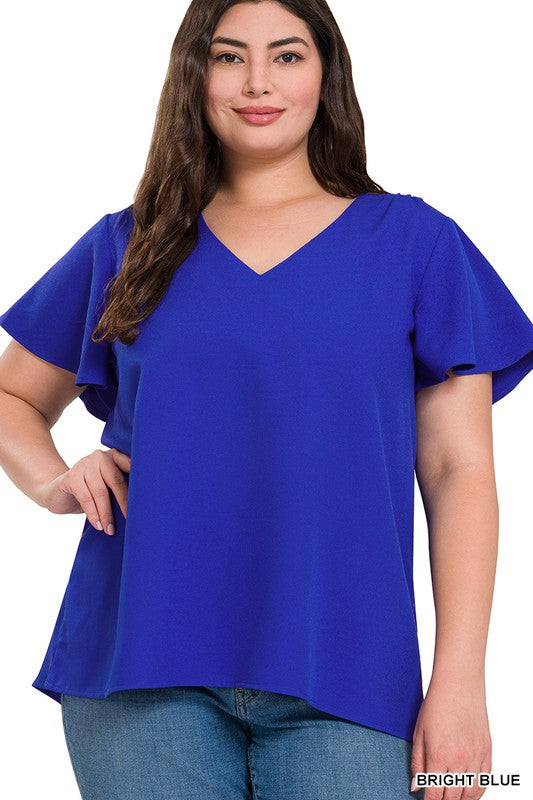 Curvy Woven Flutter Sleeve V-Neck Top