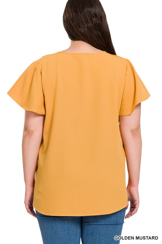 Curvy Woven Flutter Sleeve V-Neck Top