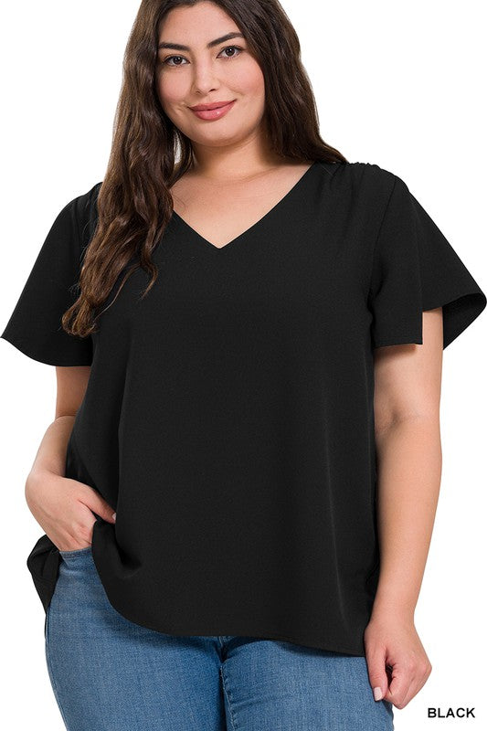 Curvy Woven Flutter Sleeve V-Neck Top