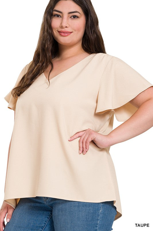 Curvy Woven Flutter Sleeve V-Neck Top