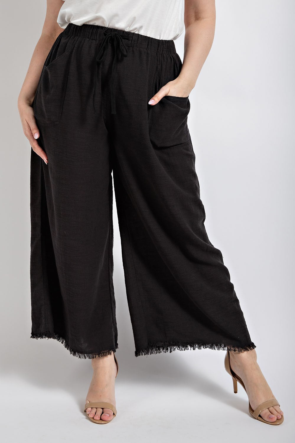 Curvy: Frayed Hem Wide Leg Pants