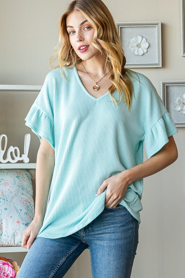 Curvy: Aqua Ruffle Sleeve Top