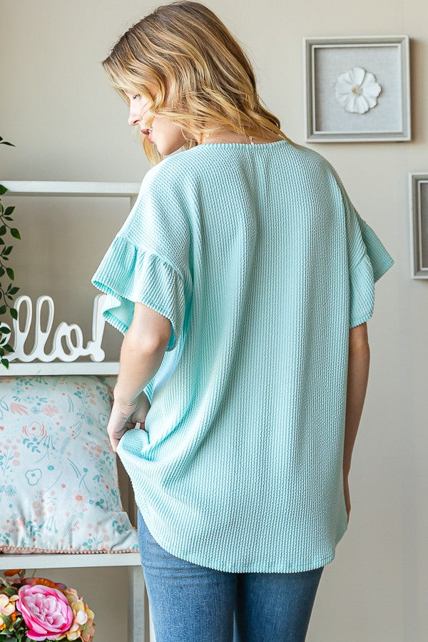 Curvy: Aqua Ruffle Sleeve Top