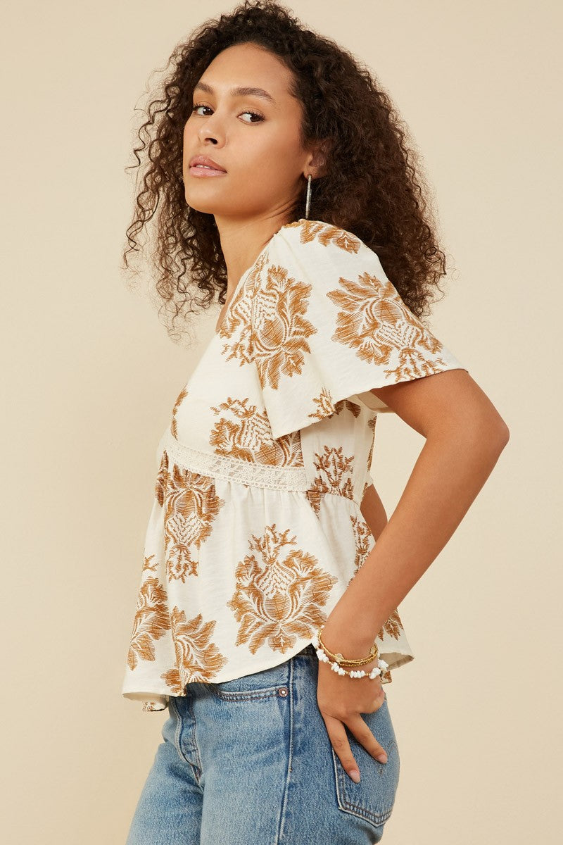 Boho Breeze Lace-Trimmed Floral Babydoll Top