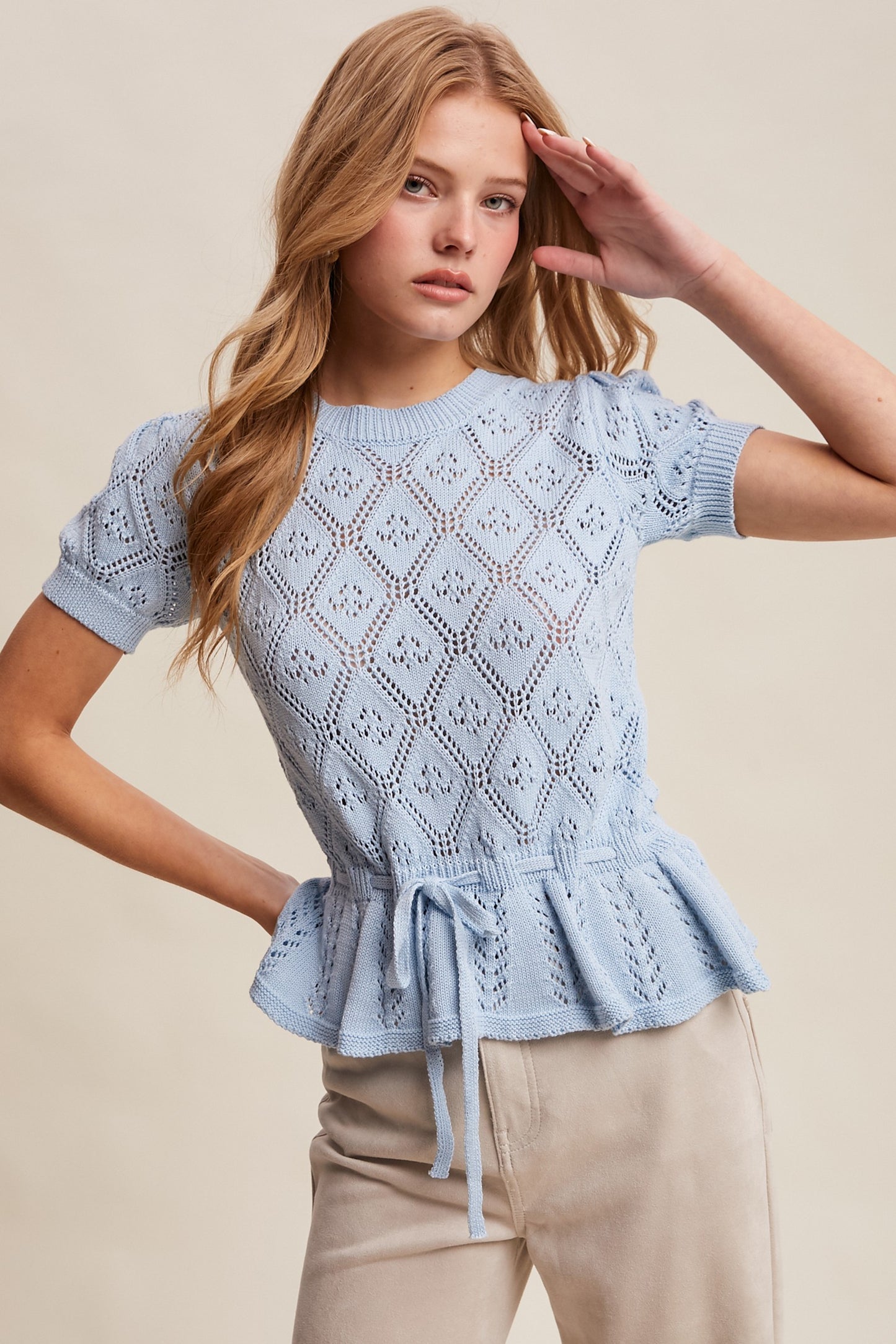 Pointelle Knit Peplum Sweater