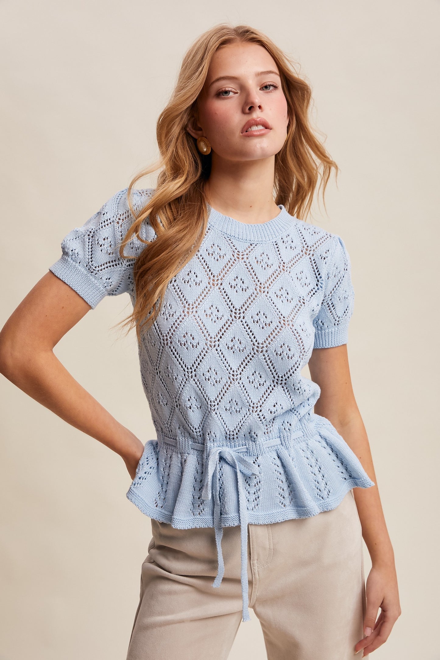 Pointelle Knit Peplum Sweater