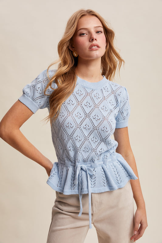 Pointelle Knit Peplum Sweater