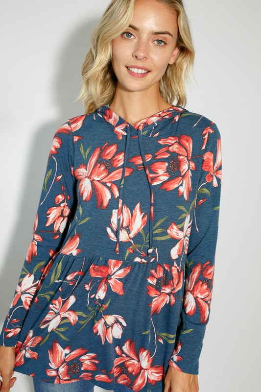 FLORAL JERSEY BABYDOLL WITH HOODIE CASUAL TOP