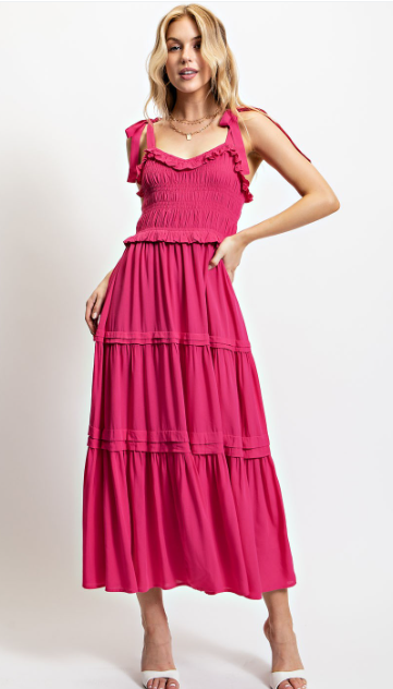 Eyelet Lace Smocked Tiered Midi Dress