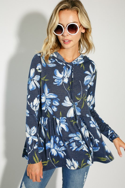 FLORAL JERSEY BABYDOLL WITH HOODIE CASUAL TOP