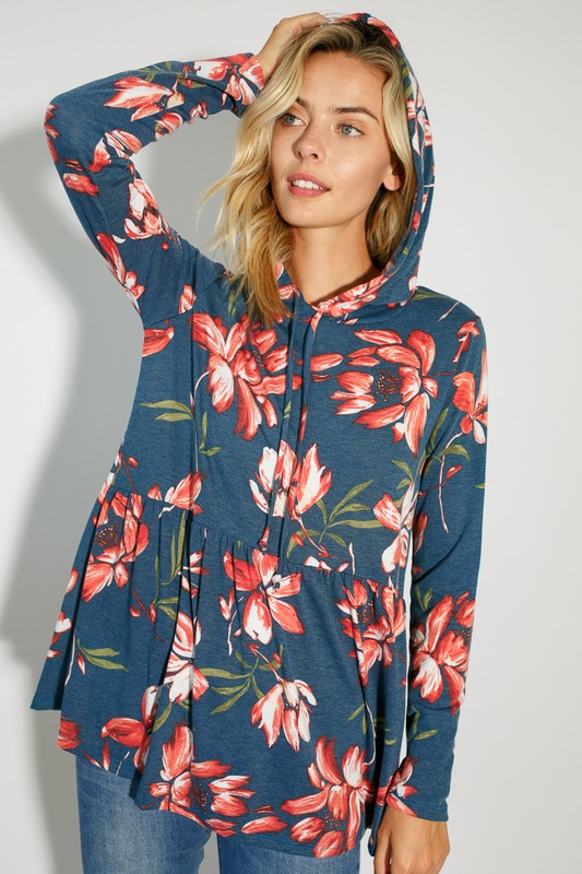 FLORAL JERSEY BABYDOLL WITH HOODIE CASUAL TOP