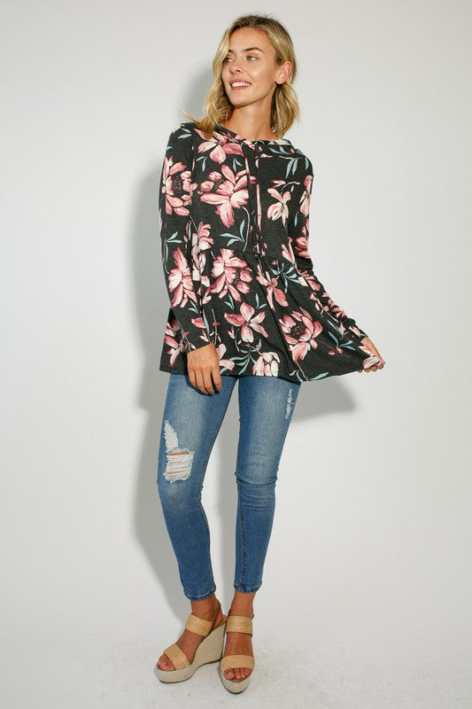 FLORAL JERSEY BABYDOLL WITH HOODIE CASUAL TOP