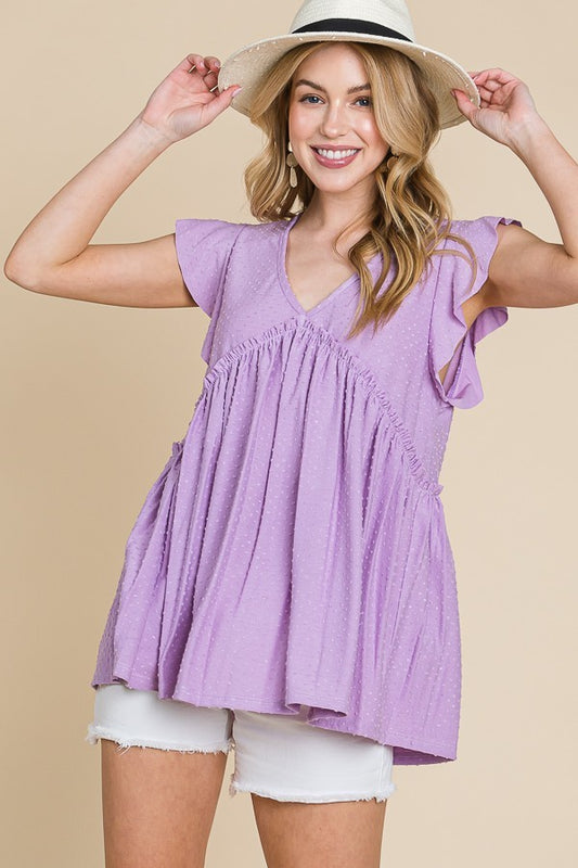 Swiss Dot Baby Doll V Neck Top