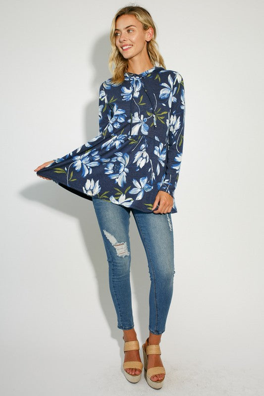 FLORAL JERSEY BABYDOLL WITH HOODIE CASUAL TOP